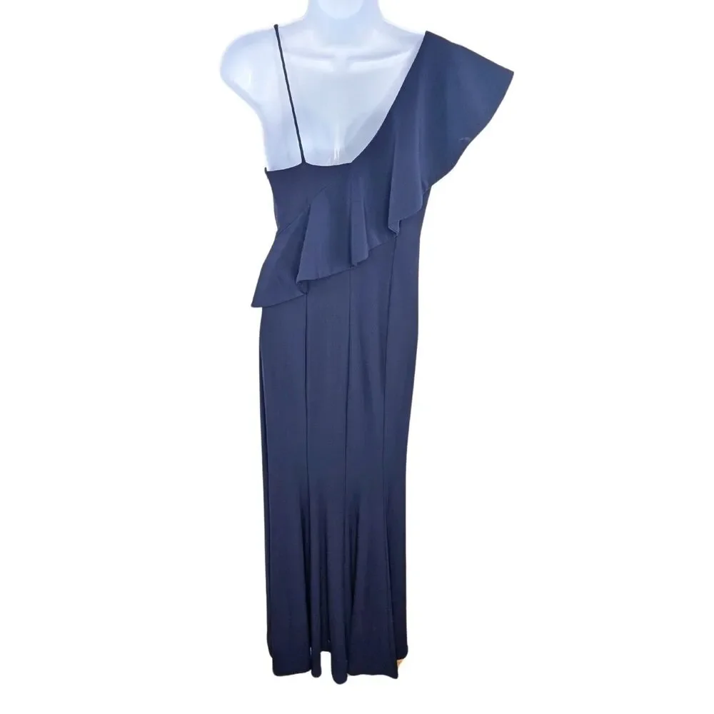 Xscape Elegant Navy Asymmetrical Ruffle Maxi Evening Gown Size 6 Wedding Event